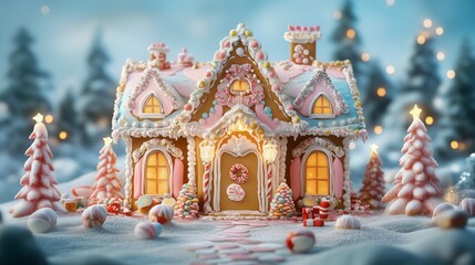 Fototapeta premium A beautiful delicious gingerbread house decorated for Christmas, with pastel pink and blue colors, on an isolated light cyan background