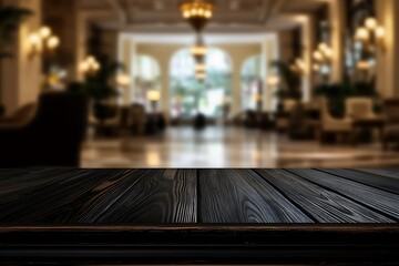 Luxury hotel lobby shown in blur behind a dark wooden tabletop.