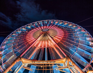 A brightly lit Ferris wheel spinning against a dark sky at a carnival. The vibrant lights cr