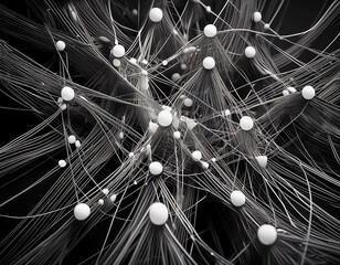 A chaotic, abstract arrangement of lines and dots in monochrome, with a high-contrast design