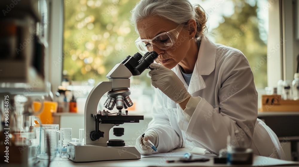 Aufkleber experienced scientist examining samples under a microscope in a well-equipped laboratory during the 