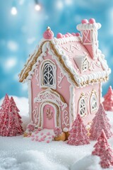 A beautiful delicious gingerbread house decorated for Christmas, with pastel pink and blue colors, on an isolated light cyan background