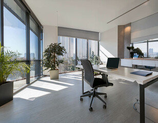 A clean, minimalist office space with sleek furniture, a large desk, and a laptop open, surr