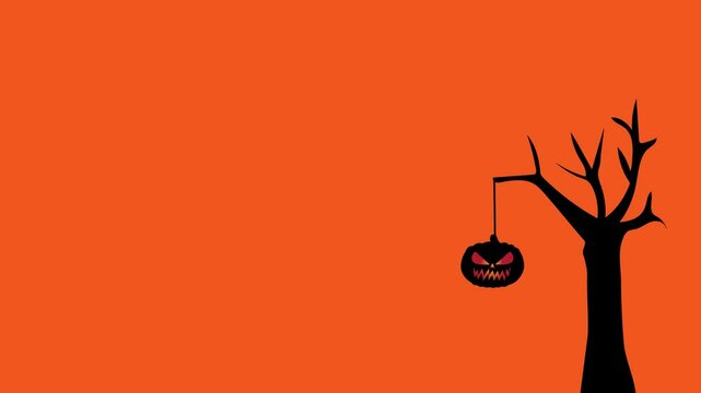 animation of halloween pumpkins next to tree on orange background, halloween background