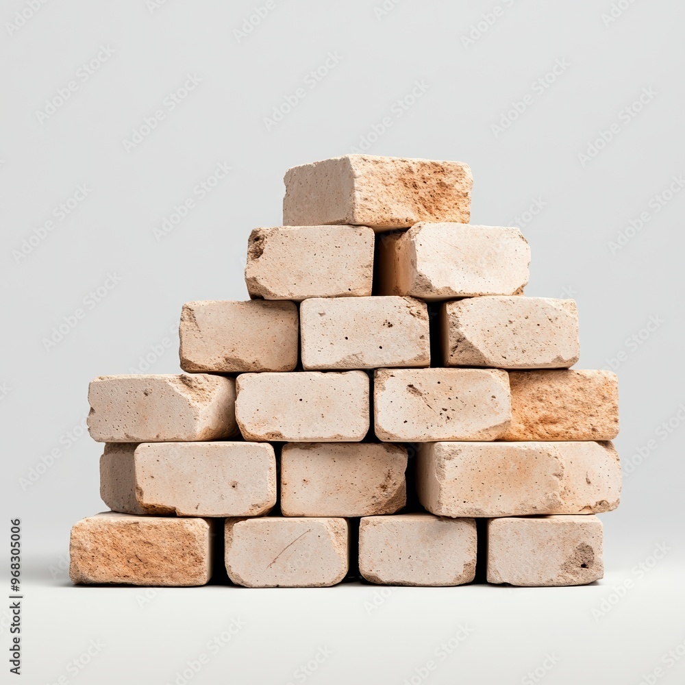Poster a stack of textured bricks arranged in a pyramid shape, showcasing their earthy tones and architectu