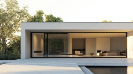A contemporary house with a minimalist design, featuring large glass doors leading to a patio.