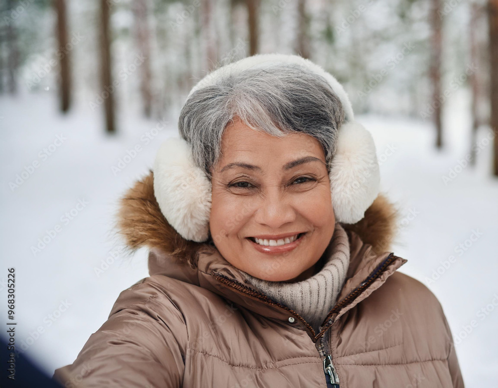 Wall mural smiling hispanic woman winter portrait in snow covered forest