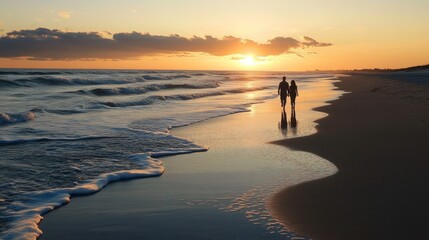 A couple walking hand in hand along a sandy beach at sunset, with the waves gently rolling in.