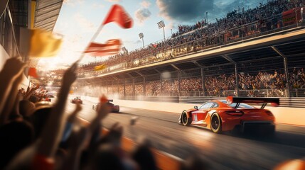 A crowd in the grandstands, waving flags and cheering as cars speed by on the race track below.