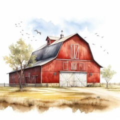 Obraz premium Idyllic Countryside Barn, Red Farm Building Illustration, Rural Life Art