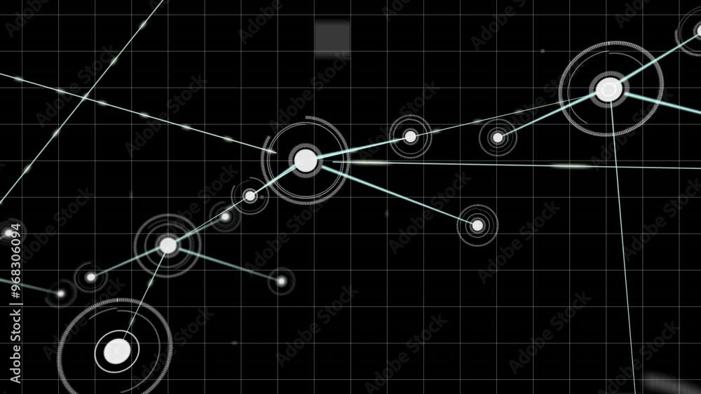 Poster animation of network of connections with icons on black background