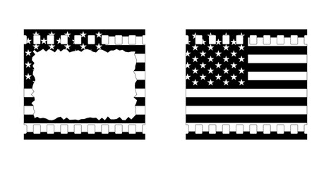 Black and white vintage style american flag 35mm film strip frame border vector graphic design. Usa freedom flag film reel to use for 4th july independence day, memorial day projects. 