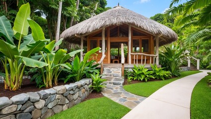 tropical, rustic-style hut with a thatched roof, situated amidst lush greenery