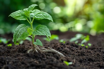 Green plant with identifiable roots growing in rich soil, surrounded by lush greenery in a natural setting