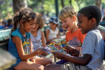 Children sitting together in a park happily exchanging collector cards on a sunny afternoon in summer