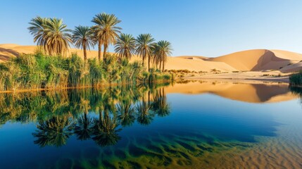 Obraz premium A desert oasis surrounded by palm trees, with crystal-clear water reflecting the surrounding sand dunes.