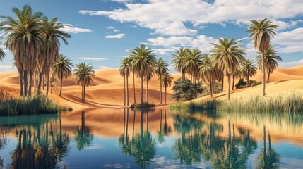 Obraz premium A desert oasis surrounded by palm trees, with crystal-clear water reflecting the surrounding sand dunes.