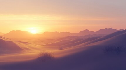 A desert scene at dawn, with the first light of day illuminating the sand dunes in soft, warm tones.