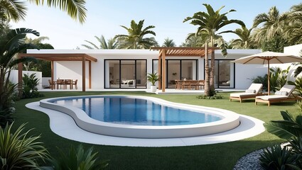 Fototapeta premium minimalist outdoor setting featuring a kidney-shaped swimming pool with a smooth white concrete border
