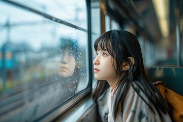 A Japanese girl gazes thoughtfully while looking out the rain-drenched train window during a cloudy afternoon journey