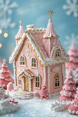 Fototapeta premium A beautiful delicious gingerbread house decorated for Christmas, with pastel pink and blue colors, on an isolated light cyan background