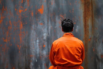 Obraz premium Prisoner in an orange jumpsuit sits against a distressed gray wall, reflecting on confinement in a somber setting