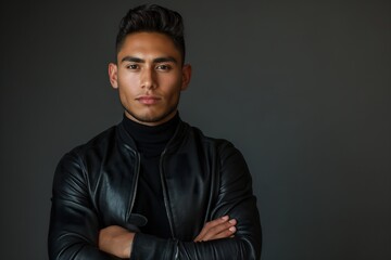 Obraz premium Striking portrait of a young man wearing a leather jacket against a dark background in a professional studio setting