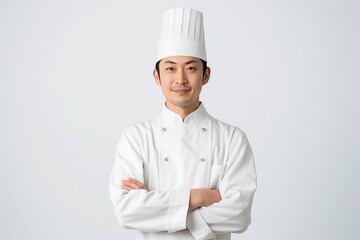 A happy Japanese chef proudly standing with arms crossed in a professional kitchen setting during daytime