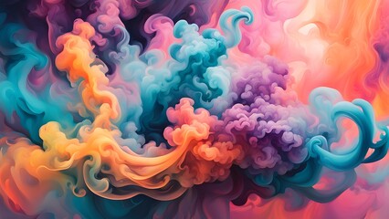 Fototapeta premium Abstract colorful smoke swirls in vibrant hues of blue, orange, pink, and purple against a dark background.