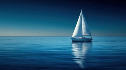 A sailboat on a calm ocean, its white sails standing out against the deep blue water.