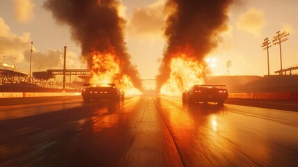 A fast-paced drag race on a straight track, with smoke and fire erupting from the cars exhausts.