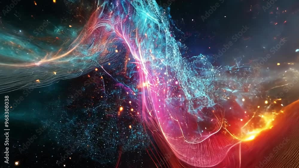 Poster exploring a mesmerizing abstract cosmic landscape filled with vibrant colors and swirling patterns