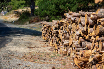 Pile of chopped firewood in forest. Firewood stacked on top of each other. Pile of sawn tree trunks on the road, ready for winter. Woodpile of cut tree trunks in pine forest. 