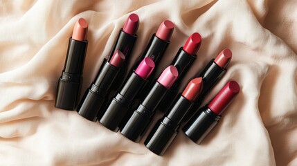 Obraz premium A flat lay of a lipstick collection, with shades arranged from light to dark on a soft fabric background.