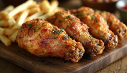 Crispy Fried Chicken Drumsticks with French Fries
