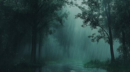 A foggy forest with rain lightly falling, shrouding the trees in a mystical atmosphere.