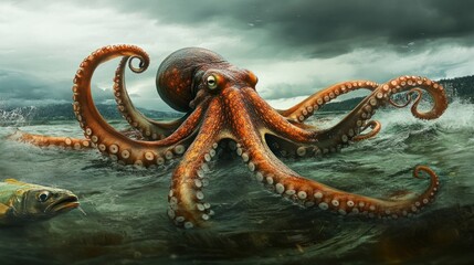 Fototapeta premium Giant Octopus Hunting a Fish in Turbulent Water