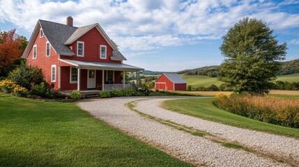Obraz premium A front view of a farmhouse with a red barn, a gravel driveway, and rolling hills in the background.
