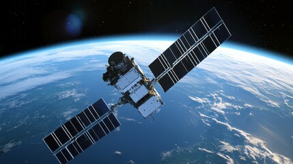 A satellite orbits Earth, showcasing its solar panels and scientific instruments.
