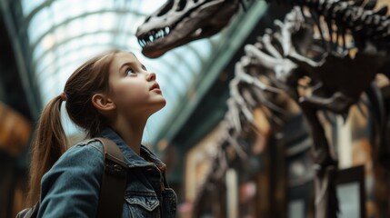 Fototapeta premium A girl exploring a museum, staring up at a dinosaur skeleton with wide-eyed amazement.