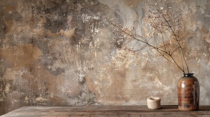 Aged wall and wooden desk on brown backdrop