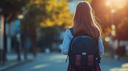 A girl in a school uniform walking with her backpack, ready for the first day of school.