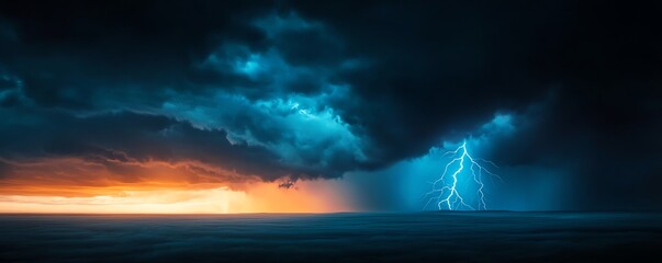 A dramatic stormy sky with vibrant lightning striking amidst dark clouds and a glowing horizon at sunset.