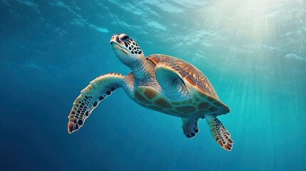 Obraz premium A sea turtle swimming gracefully in the open ocean, surrounded by clear blue water.