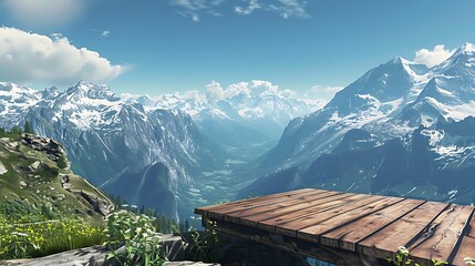 Fototapeta premium Photorealistic depiction of a wooden podium on a mountain ledge offering panoramic views of snow capped peaks and verdant valleys under a clear blue sky reflecting awe inspiring natural vistas