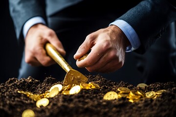 Businessman digging for gold coins in the dirt. Concept of financial success, wealth, and investment