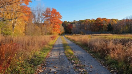 Obraz premium Desolate rural path through fall foliage under clear sky