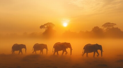Fototapeta premium A group of elephants walking through a misty morning landscape, with the rising sun casting a soft light.