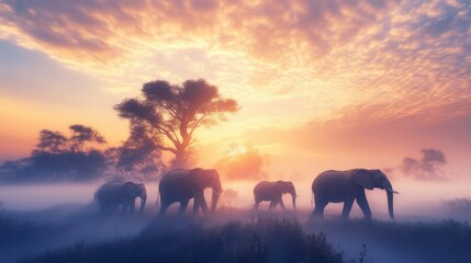 A group of elephants walking through a misty morning landscape, with the rising sun casting a soft light.