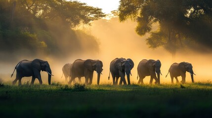 Fototapeta premium A group of elephants walking through a misty morning landscape, with the rising sun casting a soft light.
